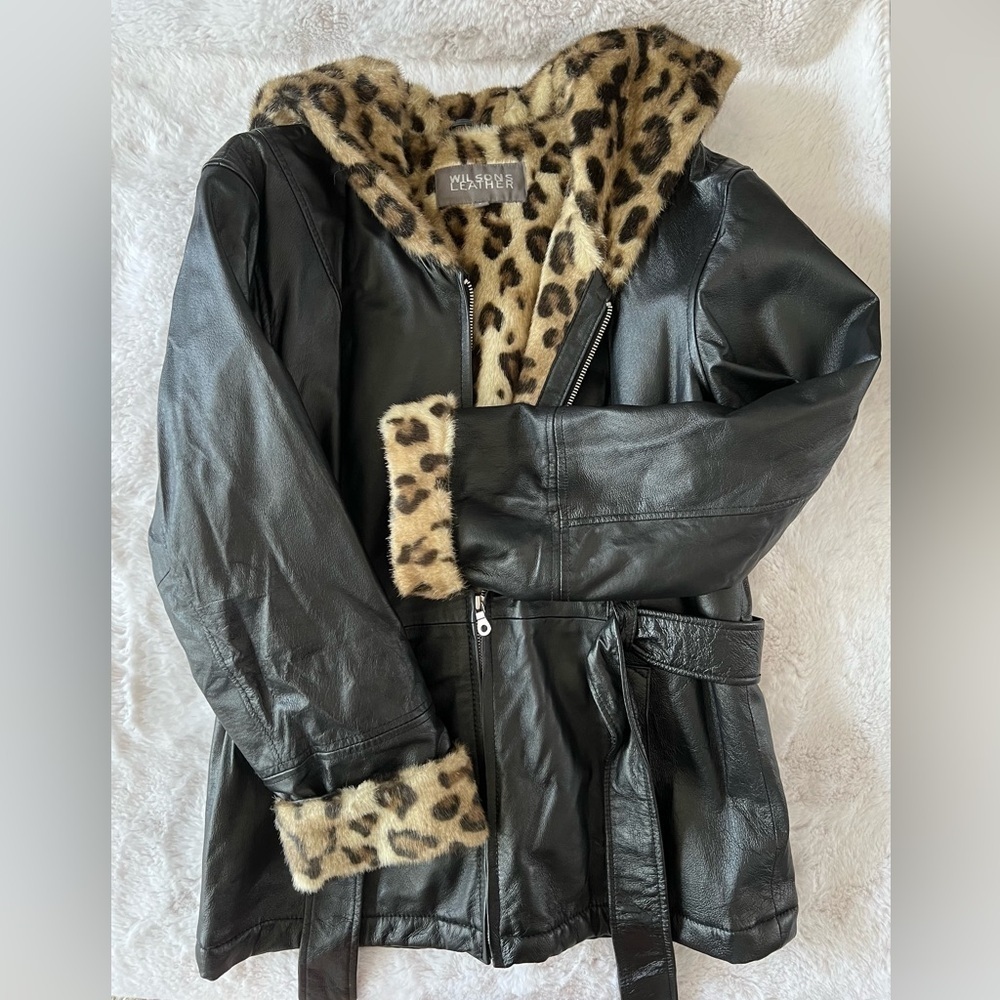 Vintage Leather and Leopard Hooded Winter Coat 🔥